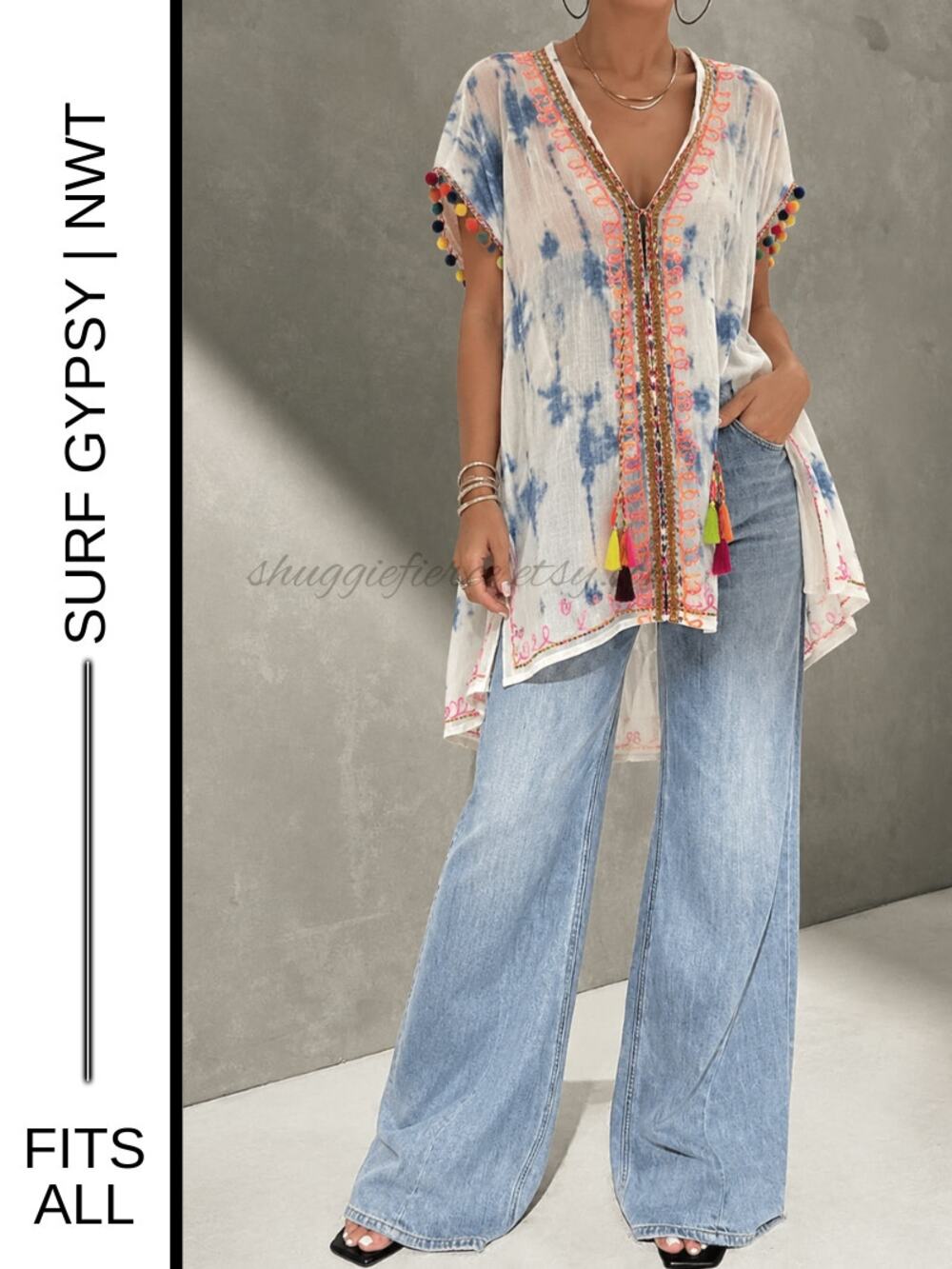 MSRP: $69 | ✨ Surf Gypsy Tie-Dye Embroidered Pom-Pom Tunic – Size M (fits All) ✨